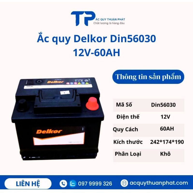 Ắc quy Delkor Din56030 12V-60AH miễn bảo dưỡng