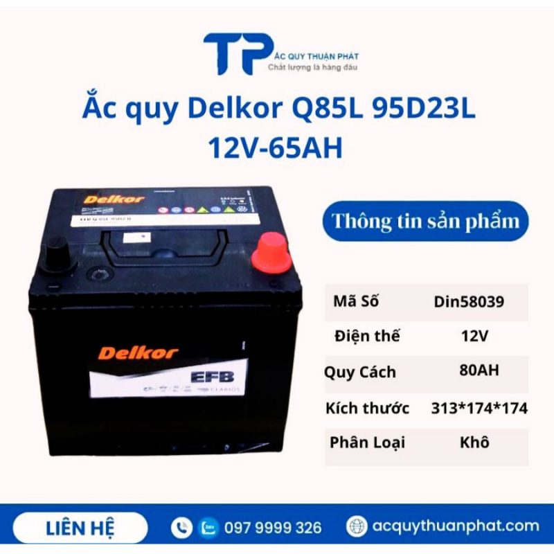 Ắc quy Delkor EFB Q-85L 95D23L 12V-65AH miễn bảo dưỡng