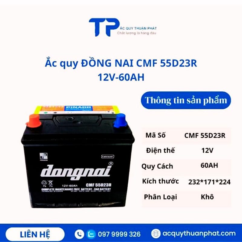 Ắc quy ĐỒNG NAI CMF 55D23R 12V-60AH miễn bảo dưỡng