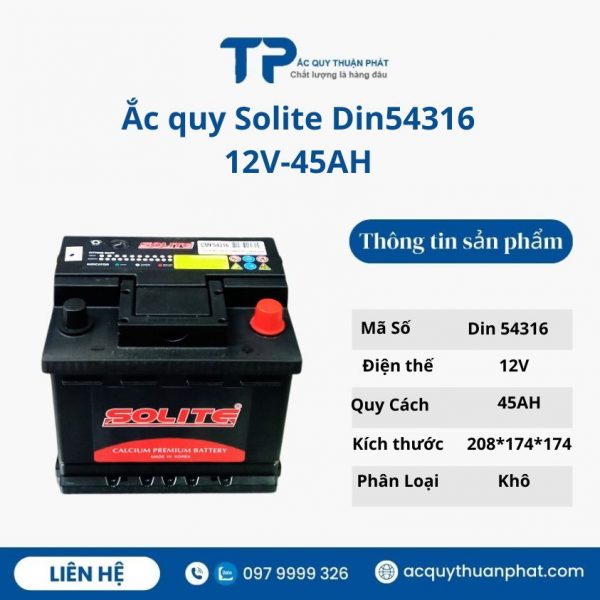 Ắc quy SOLITE Din54316 12V-45AH miễn bảo dưỡng