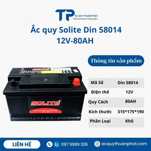 Ắc quy SOLITE Din58014 12V-80AH miễn bảo dưỡng