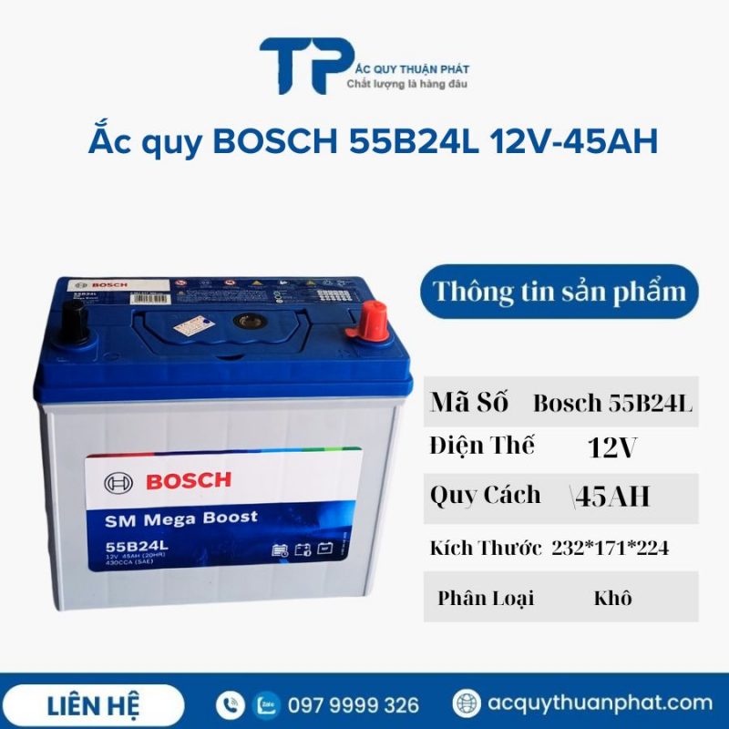 Ắc quy BOSCH 55B24L 12V-45AH miễn bảo dưỡng