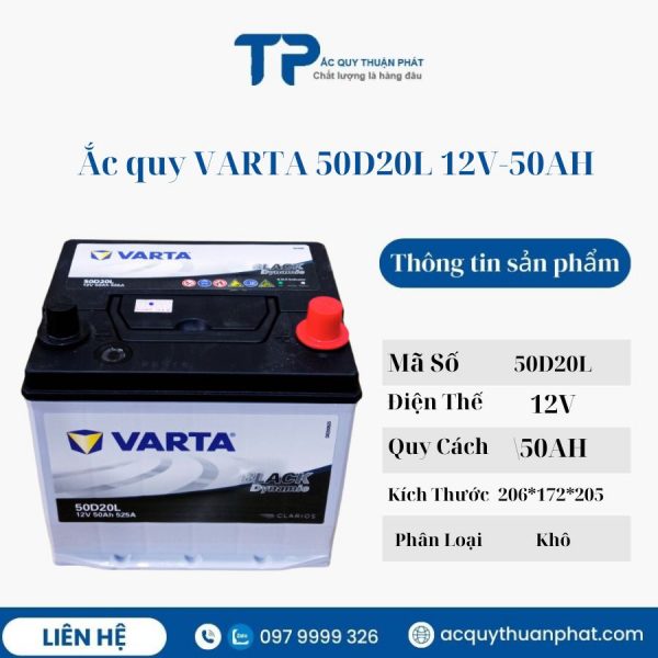 Ắc quy VARTA 50D20L 12V-50AH miễn bảo dưỡng