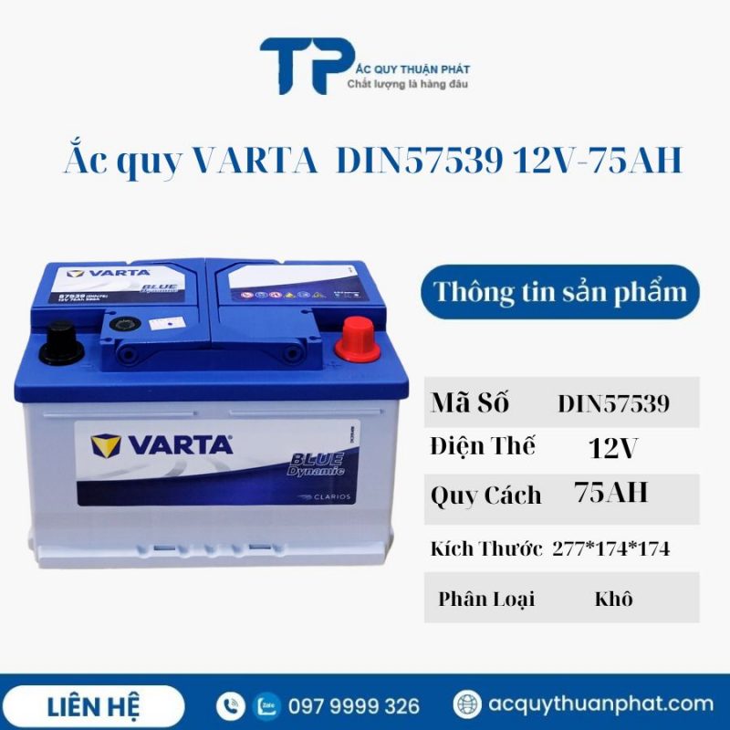 Ắc quy Varta Din57539 12V-75AH miễn bảo dưỡng