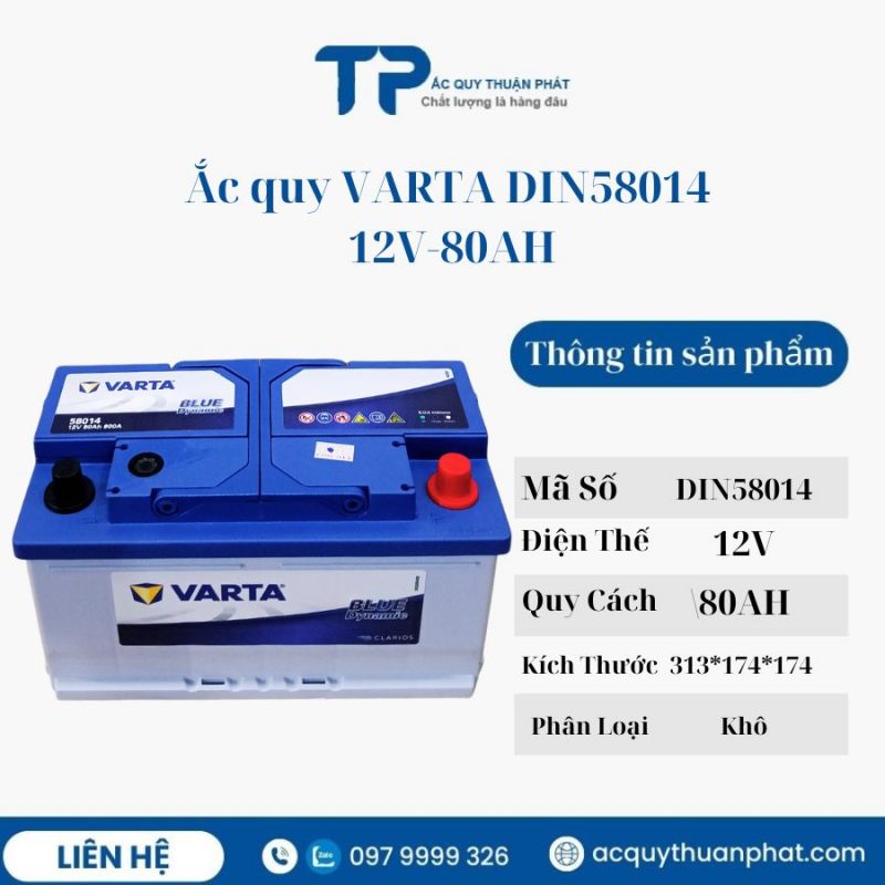 Ắc quy Varta Din58014 12V-80AH miễn bảo dưỡng