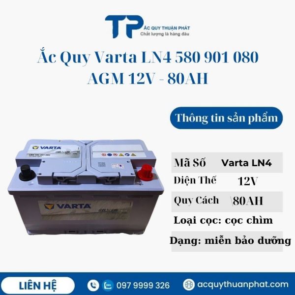 Ắc quy Varta AGM LN4 580901080 12V - 80AH miễn bảo dưỡng