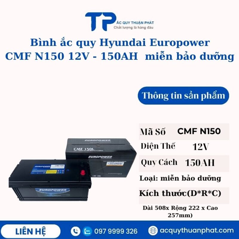 Ắc quy Hyundai Europower CMF N150 12V - 150AH miễn bảo dưỡng