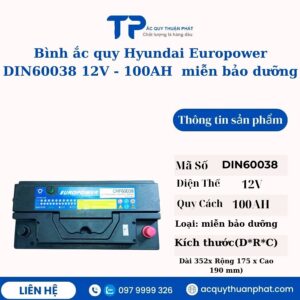 Ắc quy Hyundai Europower Din60038 12V - 100 cọc chìm