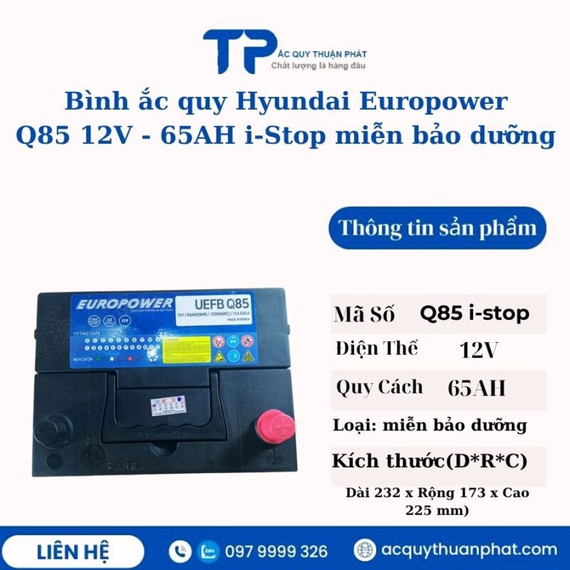 Ắc quy Hyundai Europower Q85 12V - 65AH miễn bảo dưỡng