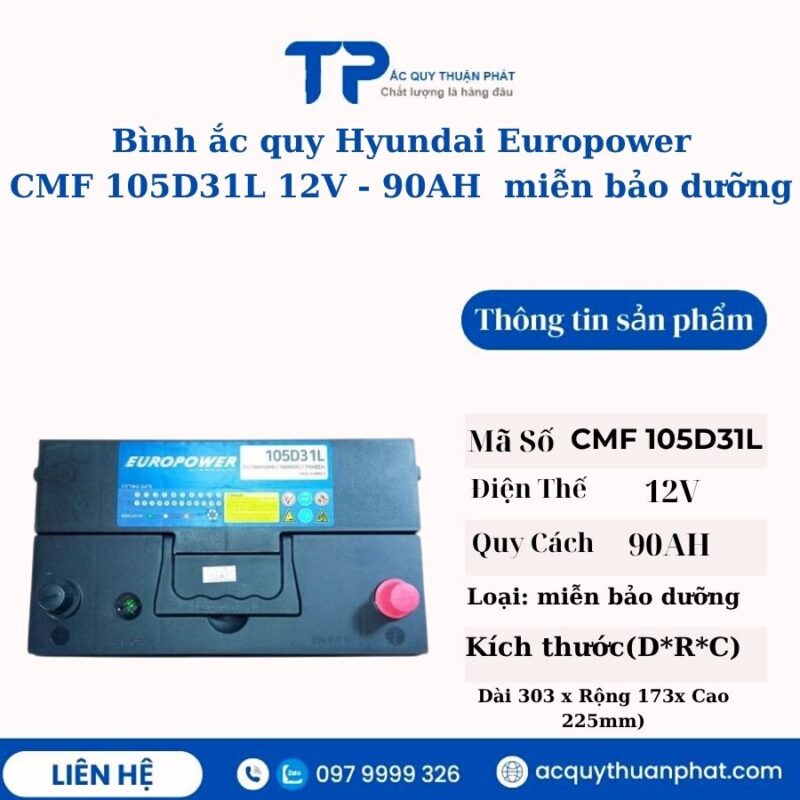 Ắc quy Hyundai Europower 105D31L 12V - 90AH miễn bảo dưỡng