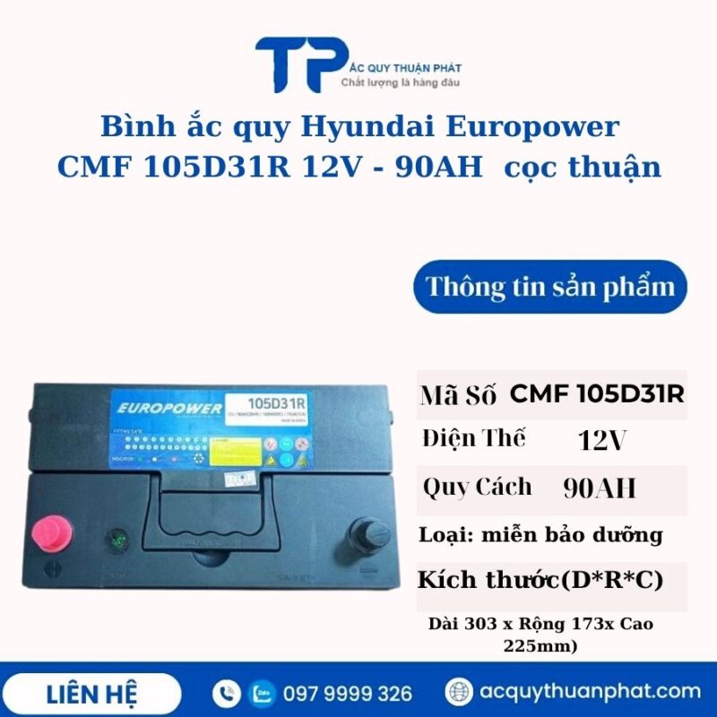 Ắc quy Hyundai Europower 105D31R 12V - 90AH cọc thuận