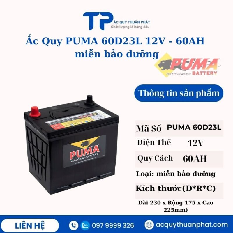 Ắc quy PUMA 60D23L 12V - 60AH miễn bảo dưỡng