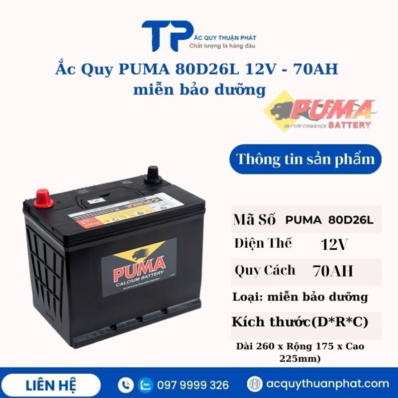 Ắc quy PUMA 80D26L 12V - 70AH miễn bảo dưỡng