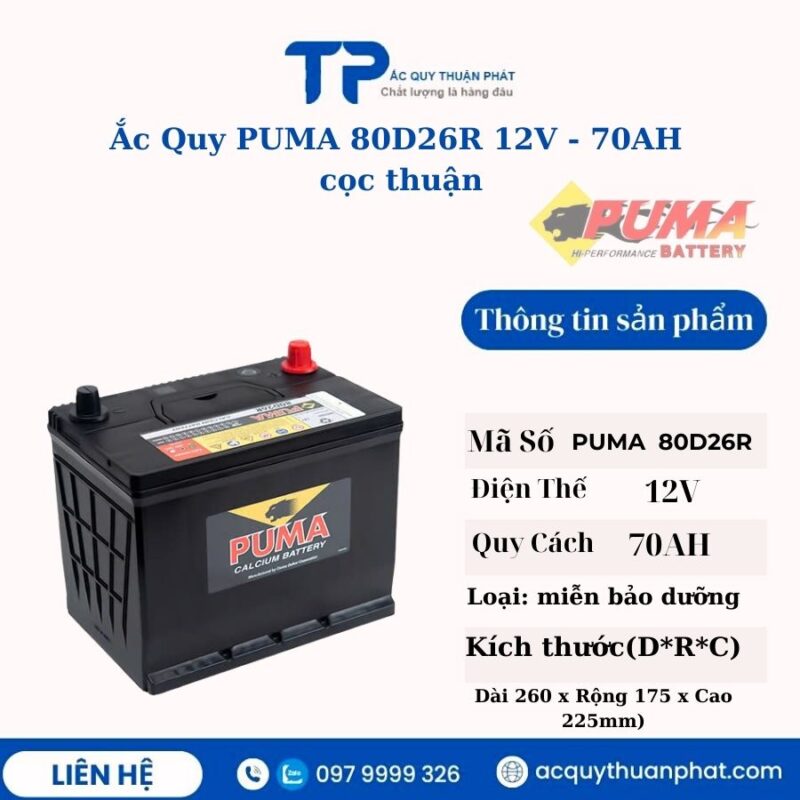 Ắc Quy PUMA 80D26R 12V - 70AH cọc thuận
