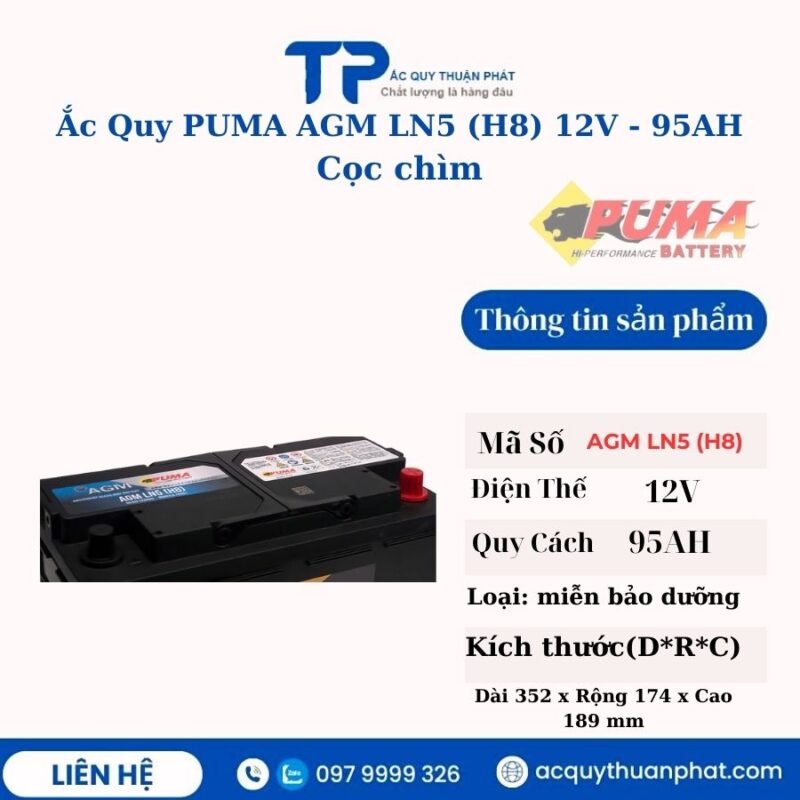 Ắc Quy PUMA AGM LN5 H8 12V - 95AH cọc chìm