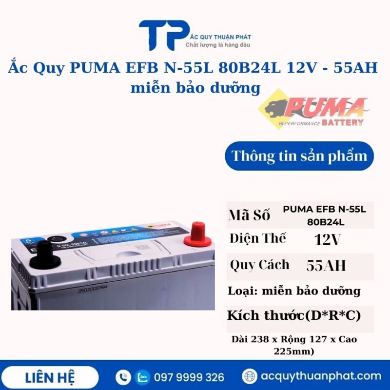 Ắc Quy PUMA EFB 55L-80B24L 12V - 55AH miễn bảo dưỡng