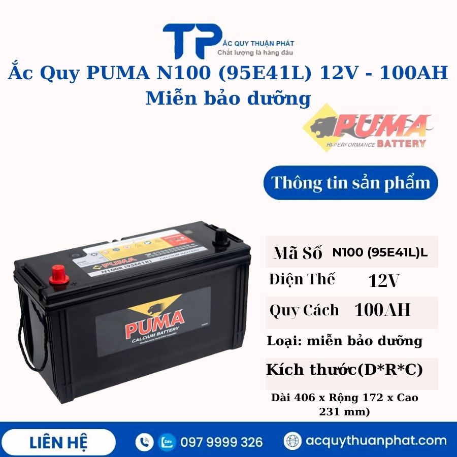 Ắc Quy PUMA N100 95E41L 12V - 100AH miễn bảo dưỡng Ắc Quy PUMA N100 95E41L 12V - 100AH miễn bảo dưỡng