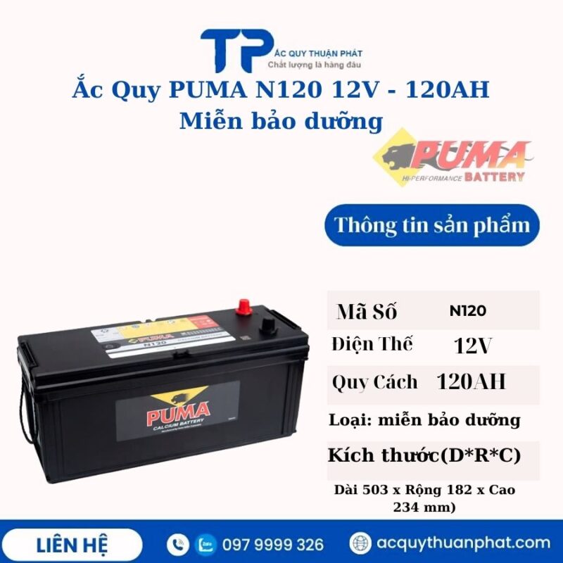 Ắc Quy PUMA N120 12V - 120AH miễn bảo dưỡng