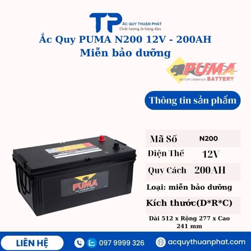 Ắc Quy PUMA N200 12V - 200AH miễn bảo dưỡng