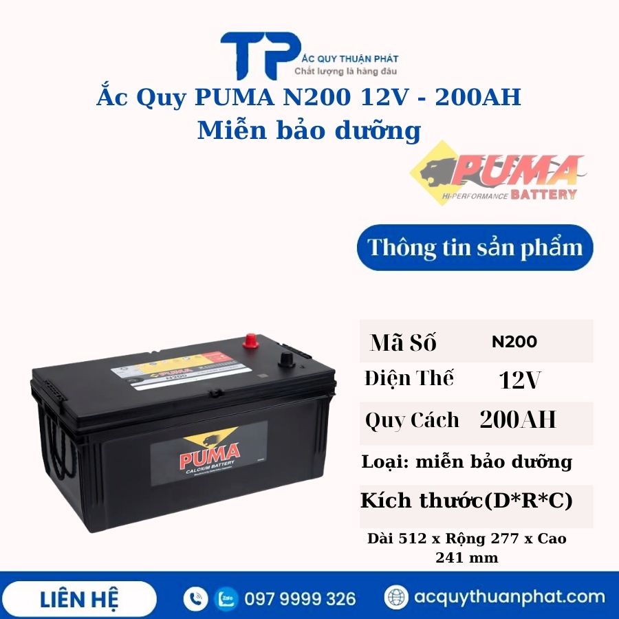 Ắc Quy PUMA N200 12V - 200AH miễn bảo dưỡng Ắc Quy PUMA N200 12V - 200AH miễn bảo dưỡng