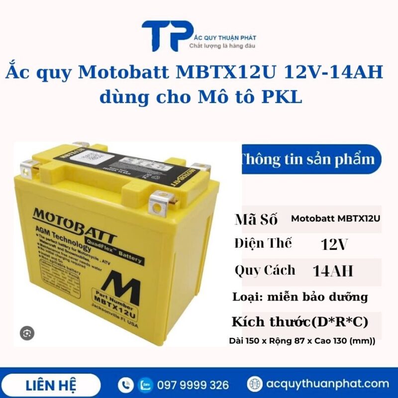 Ắc quy Motobatt MBTX12U 12V - 14AH dùng cho Moto PKL