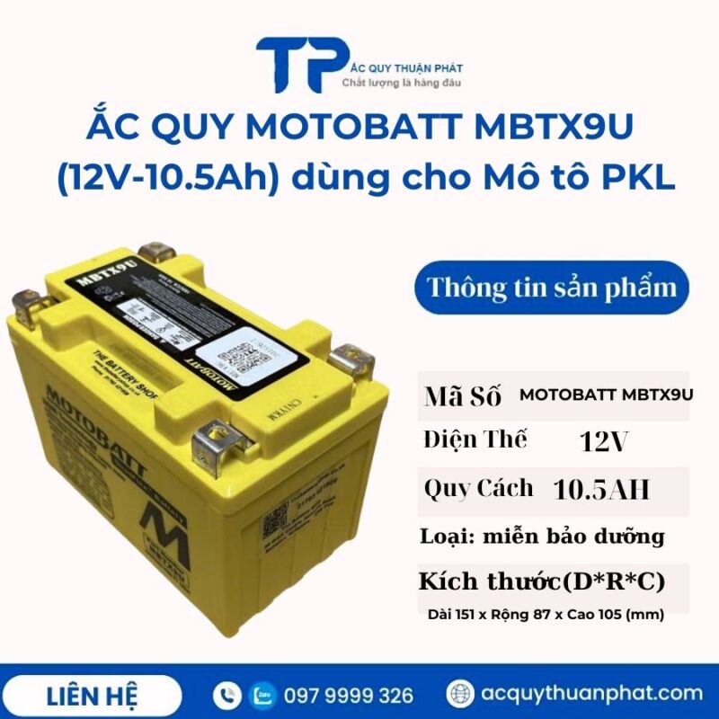 Ắc Quy Motobatt MBTX9U 12V - 10.5AH miễn bảo dưỡng