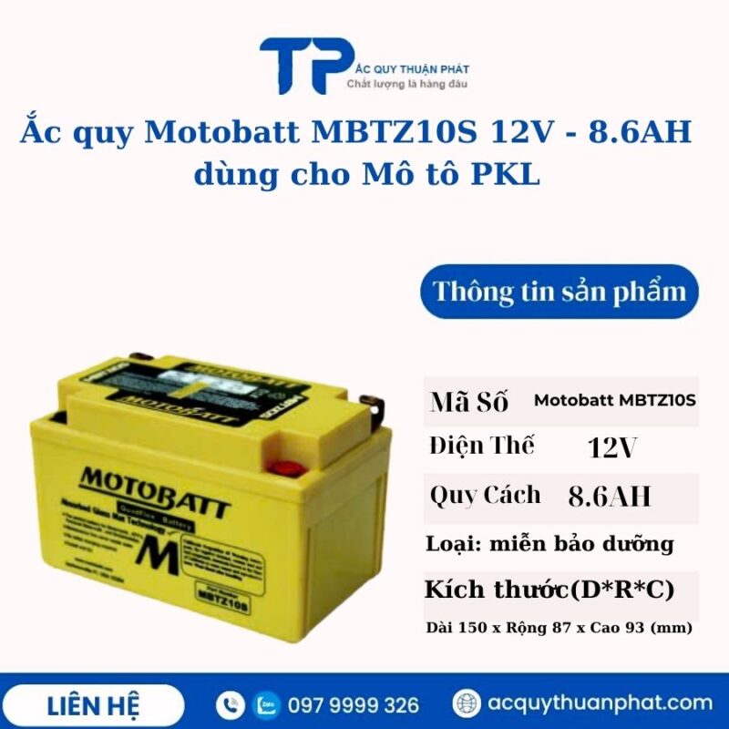 Ắc quy Motobatt MBTZ10S 12V - 8.6AH dùng cho Mô tô PKL