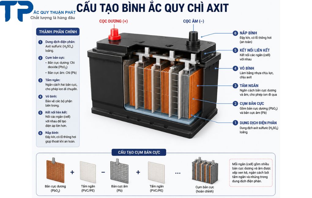 Cấu tạo bình ắc quy chì axit
