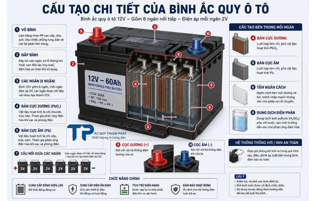 Cấu tạo chi tiết của bình ắc quy ô tô