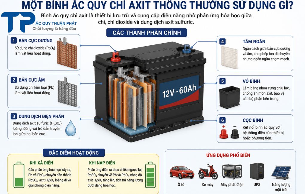 Một bình ắc quy chì axit thông thường sử dụng gì