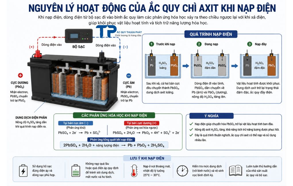 Nguyên lý hoạt động của ắc quy chì axit khi nạp điện