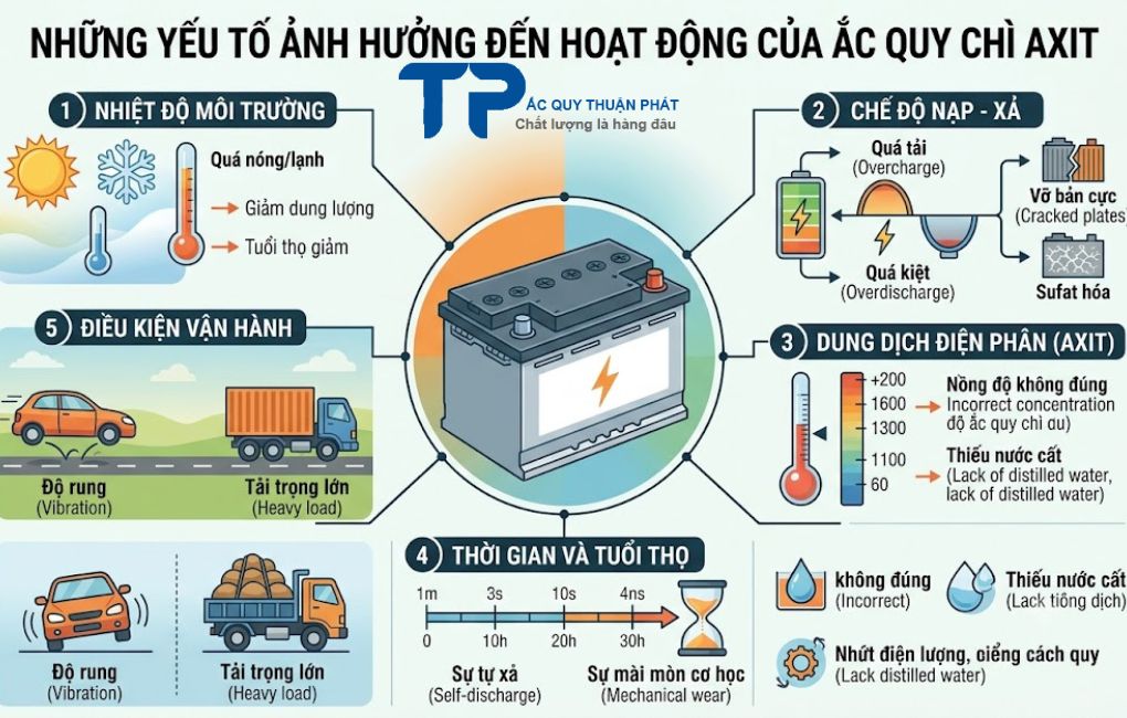 Những yếu tố ảnh hưởng đến hoạt động của ắc quy chì axit