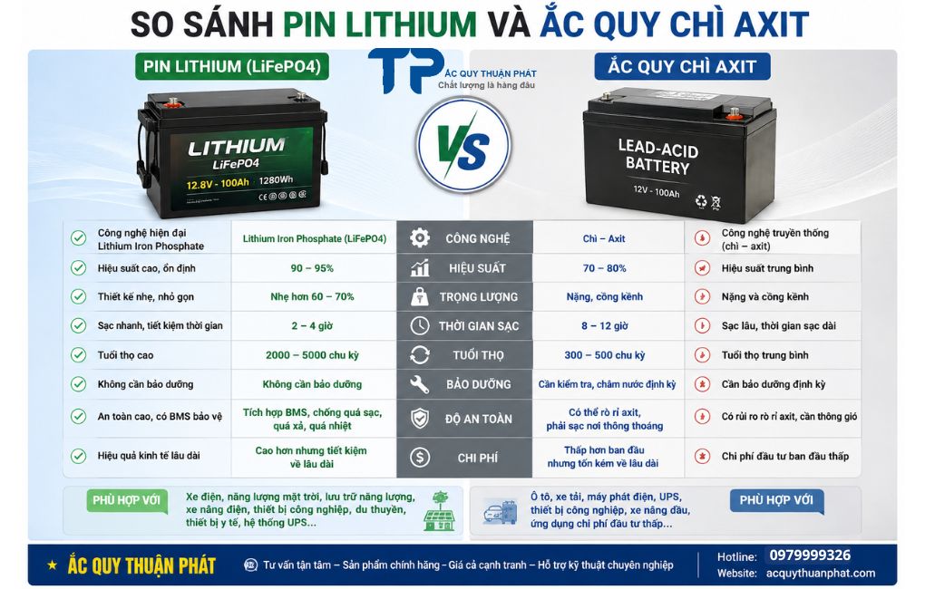 So sánh Pin Lithium và ắc quy chì axit