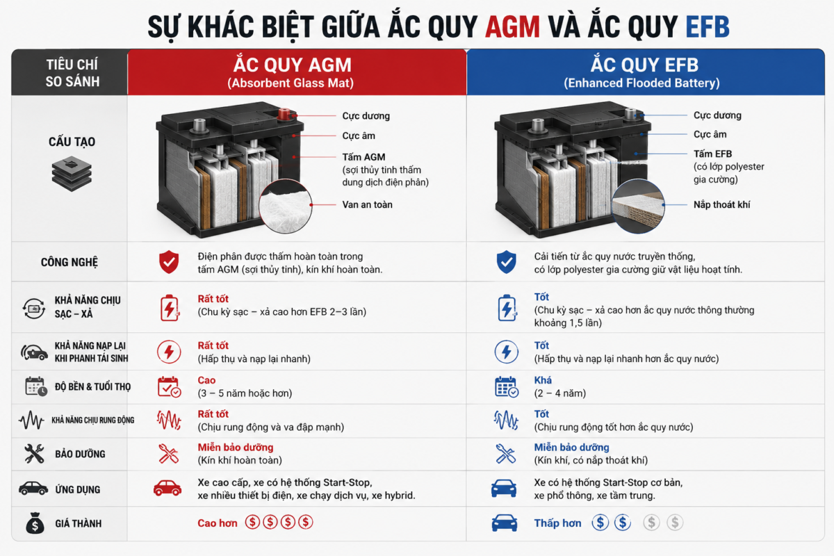 Sự khác biệt giữa ắc quy AGM và ắc quy EFB