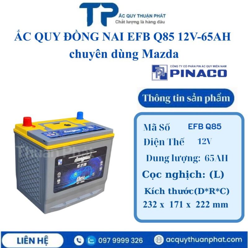 Ắc Quy Đồng Nai EFB Q85 12V - 65AH chuyên dụng Mazda