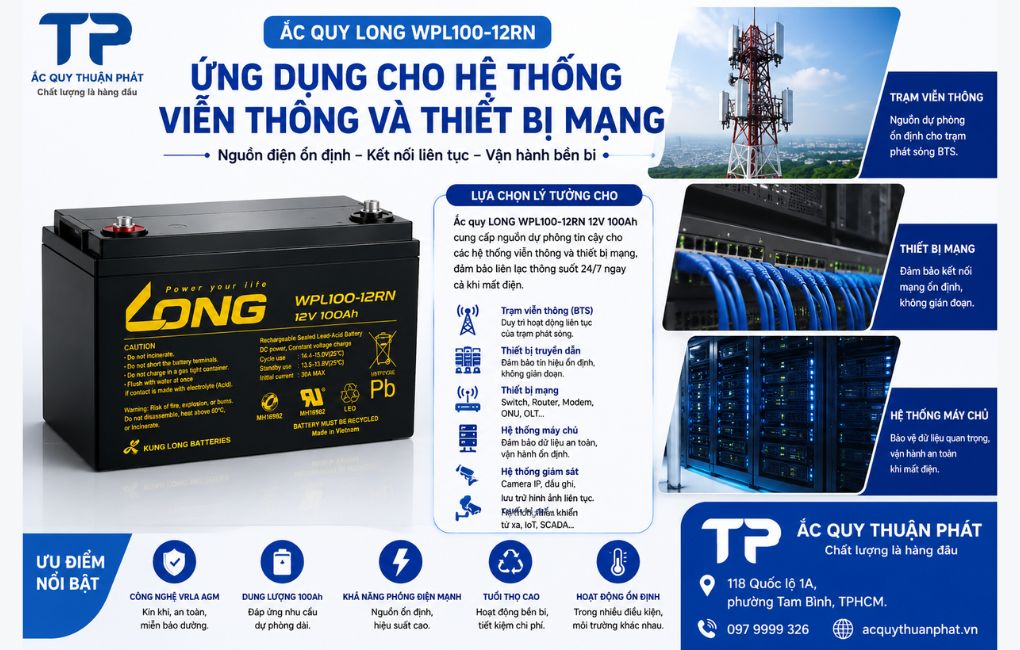 Ắc Quy Long WPL100-12RN dùng hệ thống viễn thông và thiết bị mạng