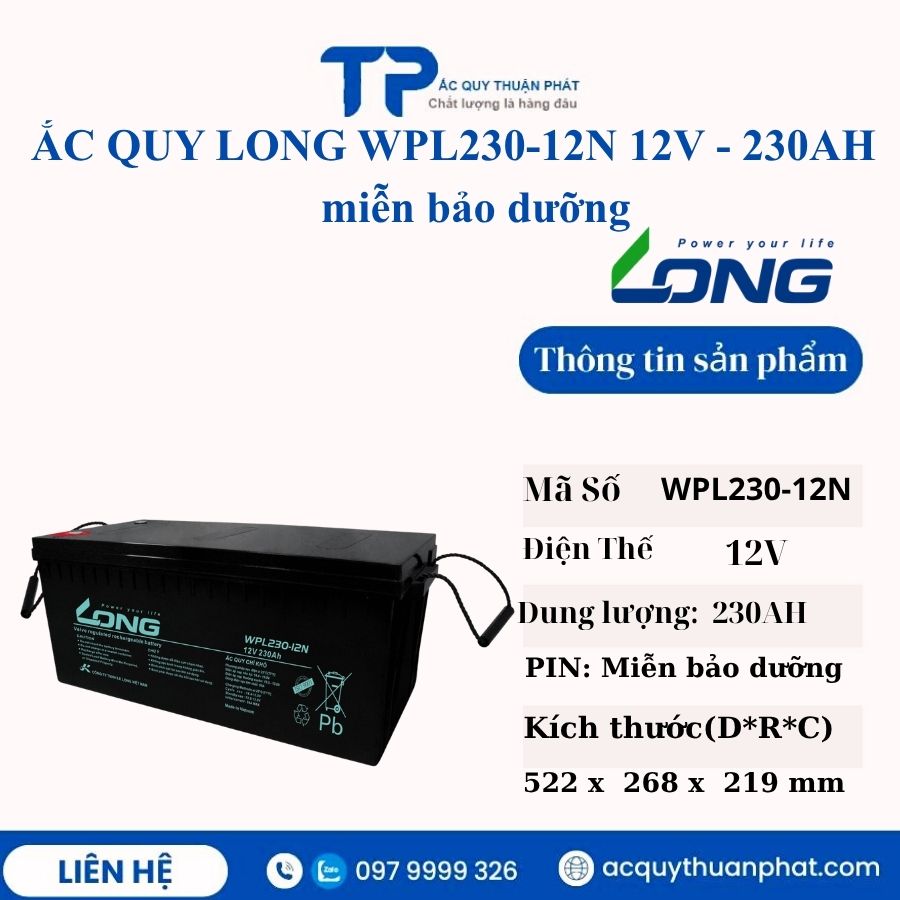 Ắc Quy Long WPL230-12N 12V - 230AH miễn bảo dưỡng