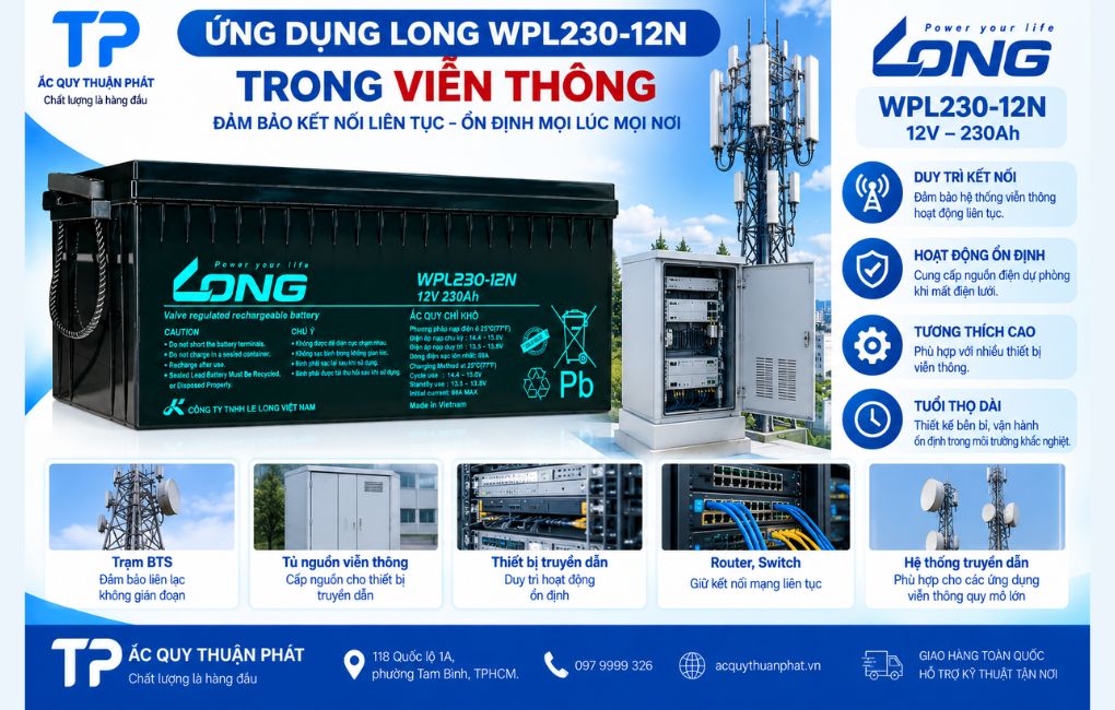 Ắc Quy Long WPL230-12N dùng hệ thống viễn thông