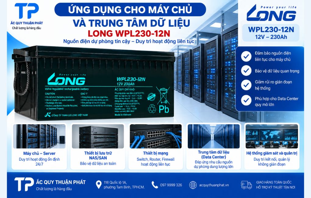 Ắc Quy Long WPL230-12N dùng máy chủ và trung tâm dữ liệu