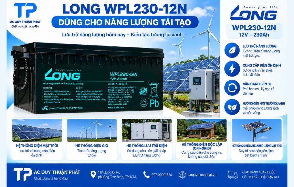 Ắc Quy Long WPL230-12N dùng năng lượng tái tạo