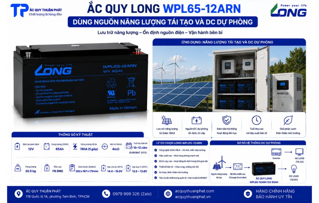 Ắc Quy Long WPL65-12ARN dùng nguồn năng lượng tái tạo và DC dự phòng