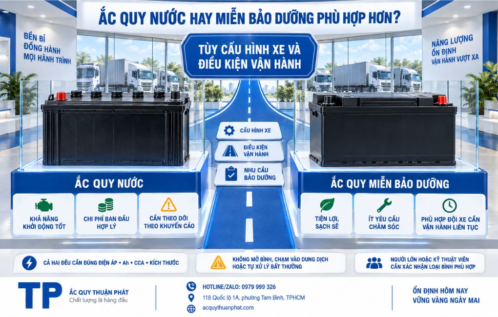 Ắc Quy nước hay miễn bảo dưỡng phù hợp hơn