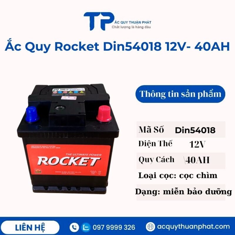 Ắc Quy Rocket Din 54018 12V - 40AH miễn bảo dưỡng