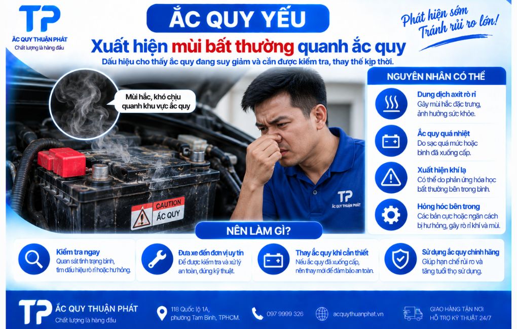 Ắc Quy yếu xuất hiên mùi bất thường quanh ắc quy