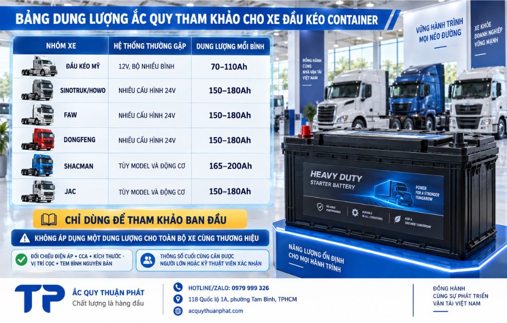 Bảng dung lượng ắc quy tham khảo cho xe đầu kéo Container