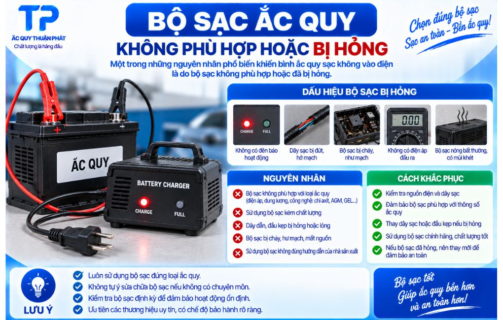 Bộ sạc ắc quy không phù hợp hoặc bị hỏng