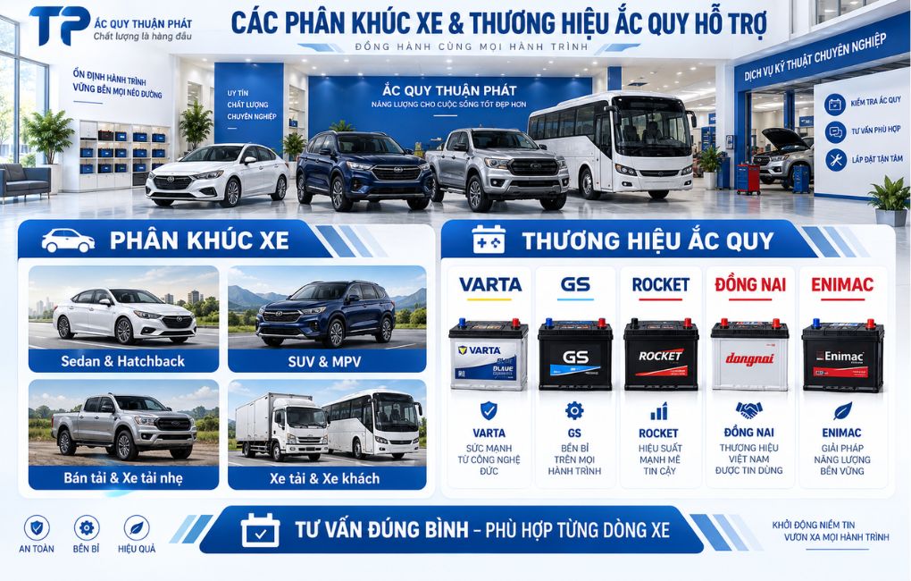 Các phân khúc xe và thương hiệu ắc quy hỗ trợ