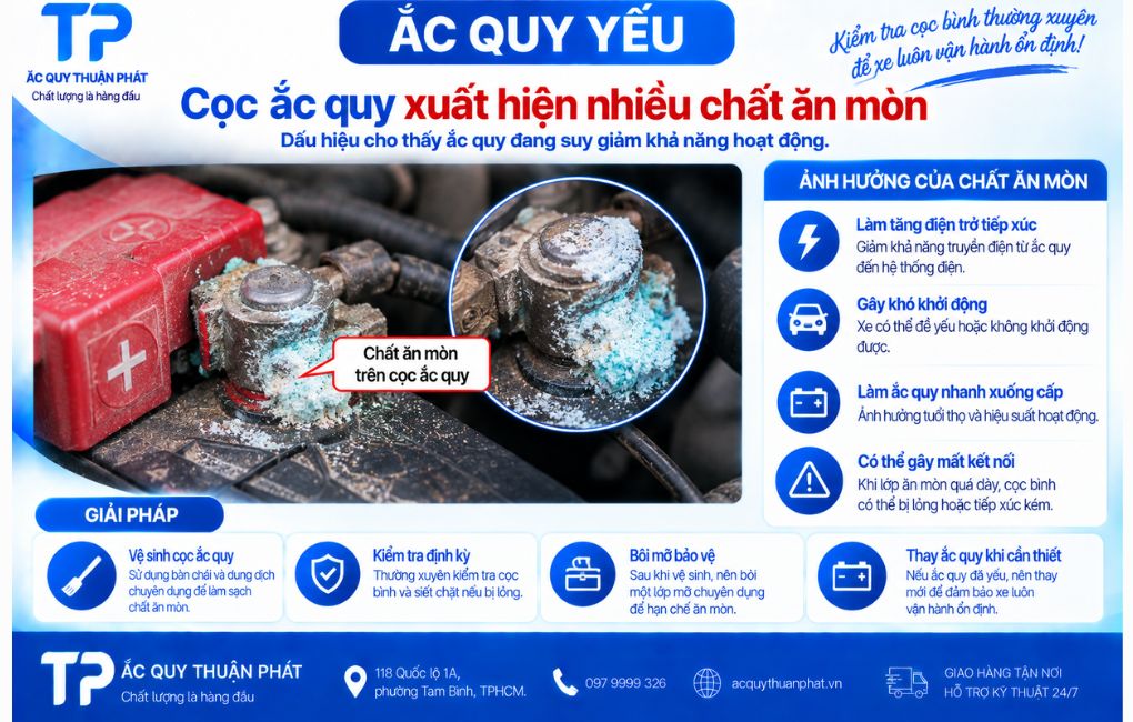 Cọc ắc quy xuất hiện chất ăn mòn