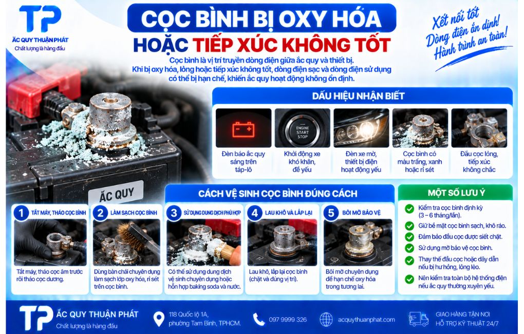 Cọc bình bị oxy hóa hoặc tiếp xúc không tốt
