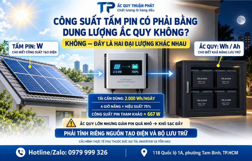 Công suất tấm Pin có phải bằng dung lượng ắc quy không